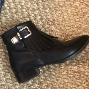 Italian leather booties w/ fringe and gold buckle